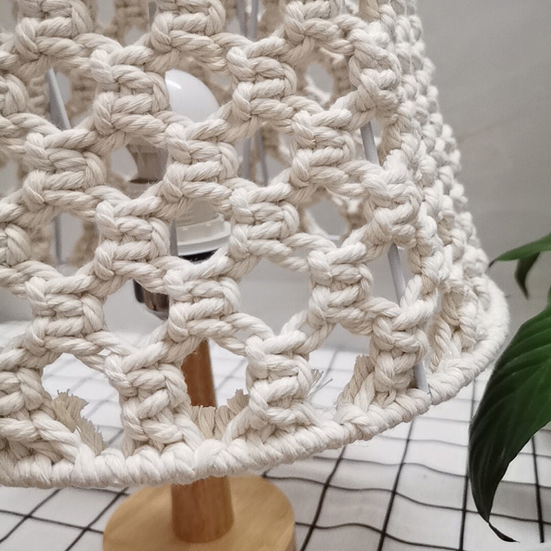 Handmade Cone Bedroom Night Lamp Countryside Rope 1-Light Yellow Nightstand Lamp with Wood Base Clearhalo 'Lamps' 'Table Lamps' Lighting' 2017768