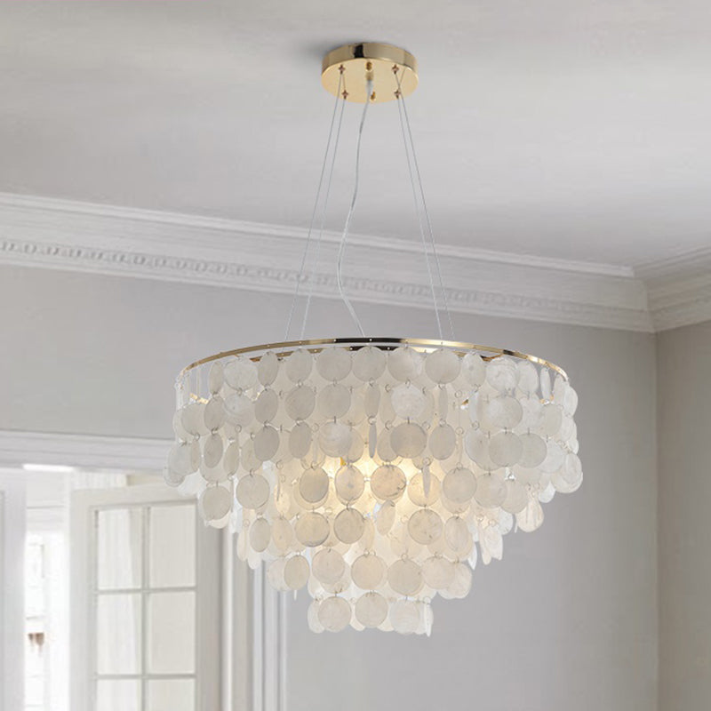 Gold Tiered Circle Chandelier Light Countryside Shell Living Room Suspension Pendant Gold 23.5" Clearhalo 'Ceiling Lights' 'Pendant Lights' 'Pendants' Lighting' 2017788_6dd887c2-e829-4122-877e-6ed36a2027ae