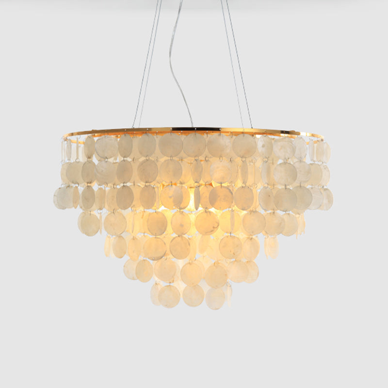 Gold Tiered Circle Chandelier Light Countryside Shell Living Room Suspension Pendant Gold 27.5" Clearhalo 'Ceiling Lights' 'Pendant Lights' 'Pendants' Lighting' 2017791_9a72e4d4-b533-4add-9386-c31bf7e58d0e