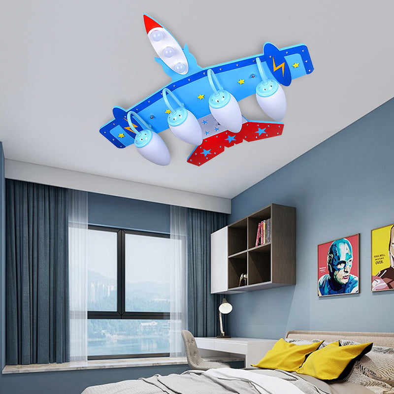 Kindergarten Fighter Plane Ceiling Light Wood American Style Blue & Red Flush Mount Light Blue B Clearhalo 'Ceiling Lights' 'Close To Ceiling Lights' 'Close to ceiling' 'Glass shade' 'Glass' Lighting' 201792