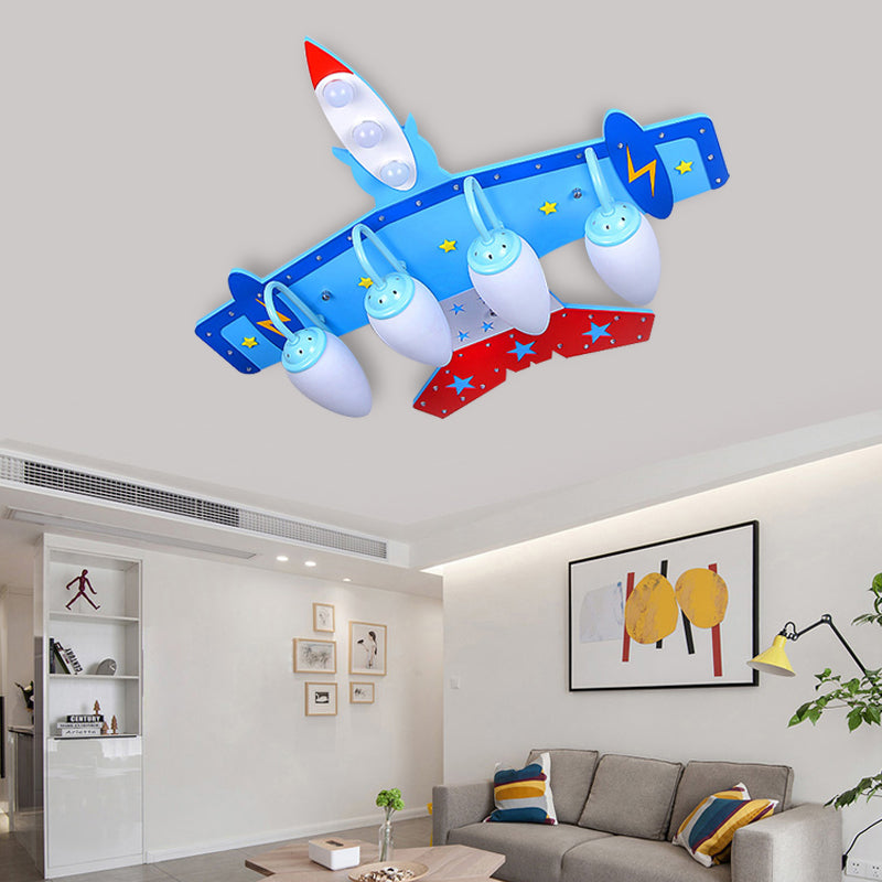 Kindergarten Fighter Plane Ceiling Light Wood American Style Blue & Red Flush Mount Light Clearhalo 'Ceiling Lights' 'Close To Ceiling Lights' 'Close to ceiling' 'Glass shade' 'Glass' Lighting' 201793