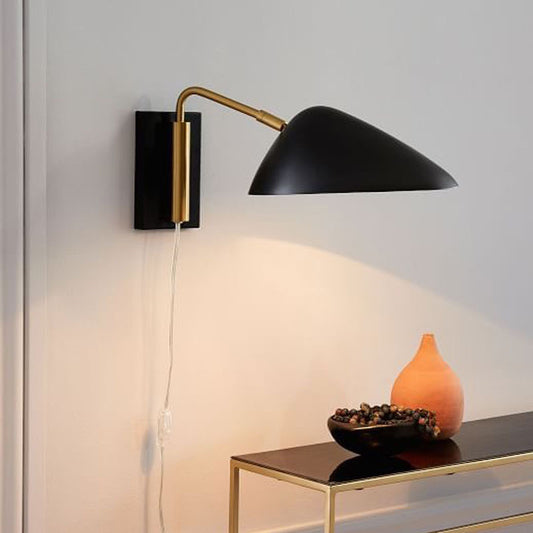 Modernism Curved Arm Wall Lamp Metal 1 Light Bedroom Wall Lighting with Geometry Shade Black Clearhalo 'Cast Iron' 'Glass' 'Industrial' 'Modern wall lights' 'Modern' 'Tiffany' 'Traditional wall lights' 'Wall Lamps & Sconces' 'Wall Lights' Lighting' 2017945