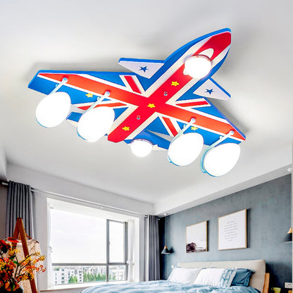 Kindergarten Fighter Plane Ceiling Light Wood American Style Blue & Red Flush Mount Light Blue A Clearhalo 'Ceiling Lights' 'Close To Ceiling Lights' 'Close to ceiling' 'Glass shade' 'Glass' Lighting' 201796