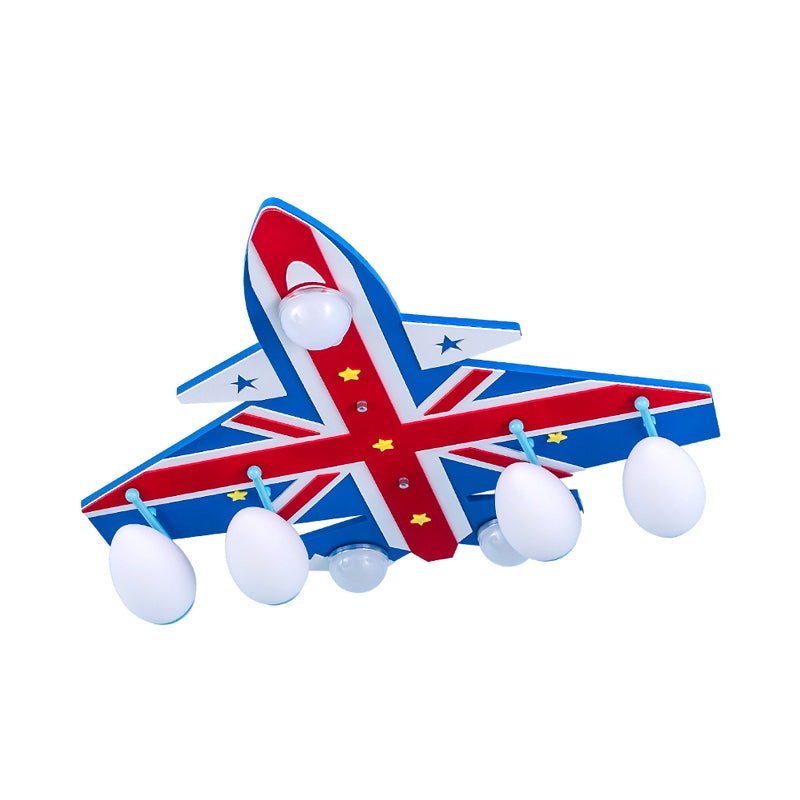 Kindergarten Fighter Plane Ceiling Light Wood American Style Blue & Red Flush Mount Light Clearhalo 'Ceiling Lights' 'Close To Ceiling Lights' 'Close to ceiling' 'Glass shade' 'Glass' Lighting' 201798