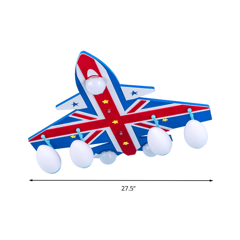 Kindergarten Fighter Plane Ceiling Light Wood American Style Blue & Red Flush Mount Light Clearhalo 'Ceiling Lights' 'Close To Ceiling Lights' 'Close to ceiling' 'Glass shade' 'Glass' Lighting' 201799