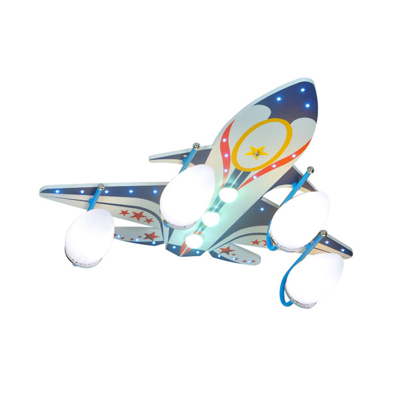 Modern Cool Blue Ceiling Mount Light Fighter Aircraft 4 Lights Wood Ceiling Lamp for Baby Room Clearhalo 'Ceiling Lights' 'Close To Ceiling Lights' 'Close to ceiling' 'Glass shade' 'Glass' Lighting' 201807