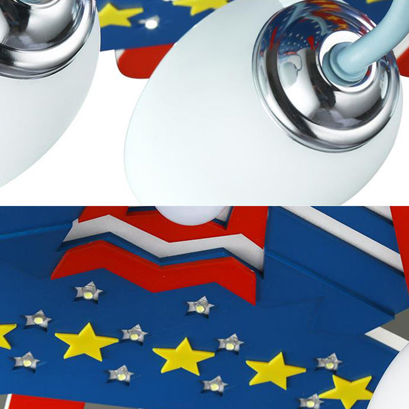 Blue Attack Aircraft Flush Mount Light American Style Wood Ceiling Light for Child Bedroom Clearhalo 'Ceiling Lights' 'Close To Ceiling Lights' 'Close to ceiling' 'Glass shade' 'Glass' Lighting' 201814