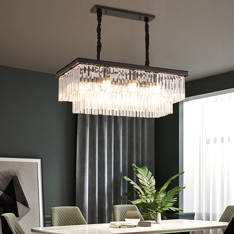 8 Bulbs Island Lamp Country Dining Room Hanging Light Kit with Rectangle Faceted Crystal Shade Clearhalo 'Ceiling Lights' 'Island Lights' Lighting' 2018199