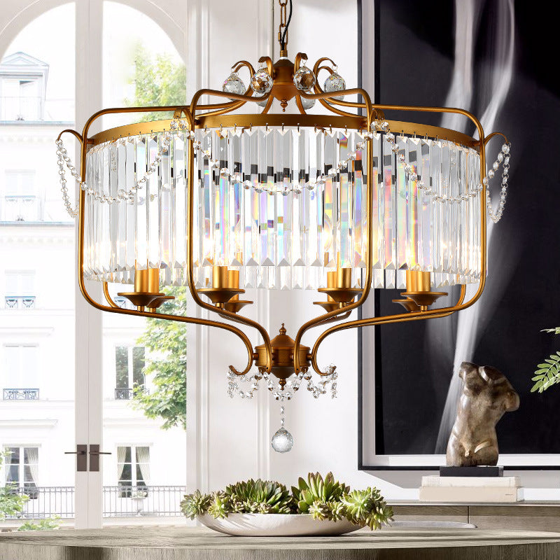Faceted Crystal Chandelier Lamp Round Countryside Pendant Light Kit with Wire Cage for Living Room 8 Gold Clearhalo 'Ceiling Lights' 'Chandeliers' Lighting' options 2018235_1409c25b-3c36-4e0a-be9c-9eafb286ecc0
