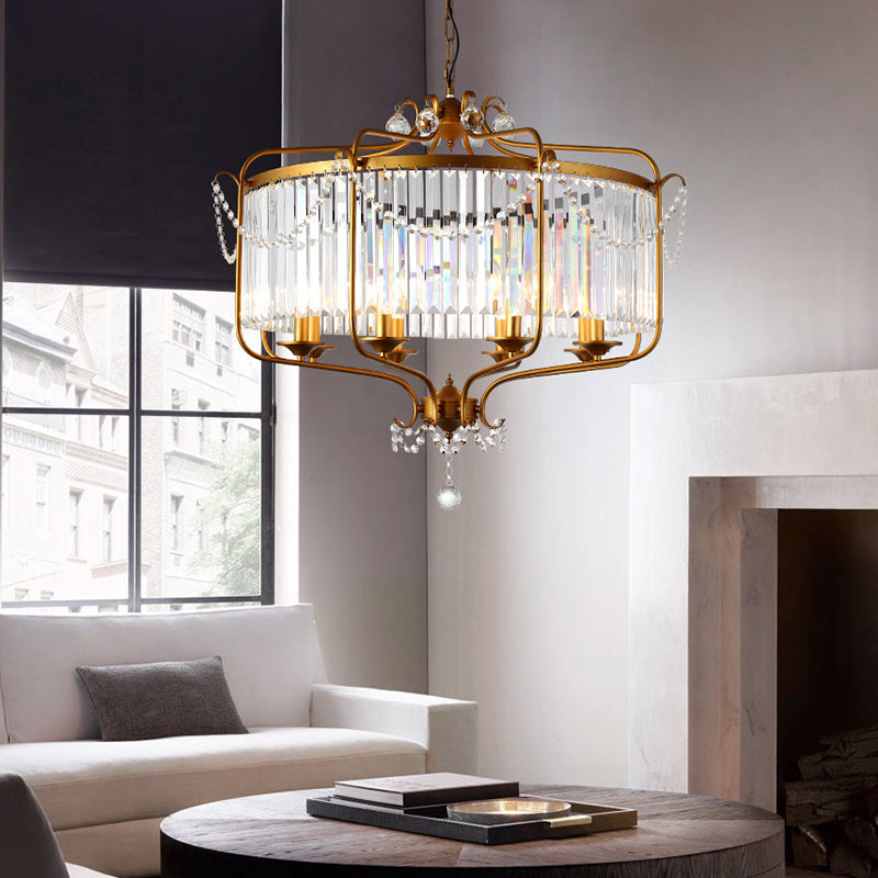 Faceted Crystal Chandelier Lamp Round Countryside Pendant Light Kit with Wire Cage for Living Room Clearhalo 'Ceiling Lights' 'Chandeliers' Lighting' options 2018236