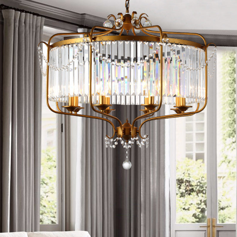 Faceted Crystal Chandelier Lamp Round Countryside Pendant Light Kit with Wire Cage for Living Room Clearhalo 'Ceiling Lights' 'Chandeliers' Lighting' options 2018237