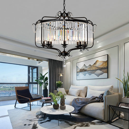 Faceted Crystal Chandelier Lamp Round Countryside Pendant Light Kit with Wire Cage for Living Room Clearhalo 'Ceiling Lights' 'Chandeliers' Lighting' options 2018240