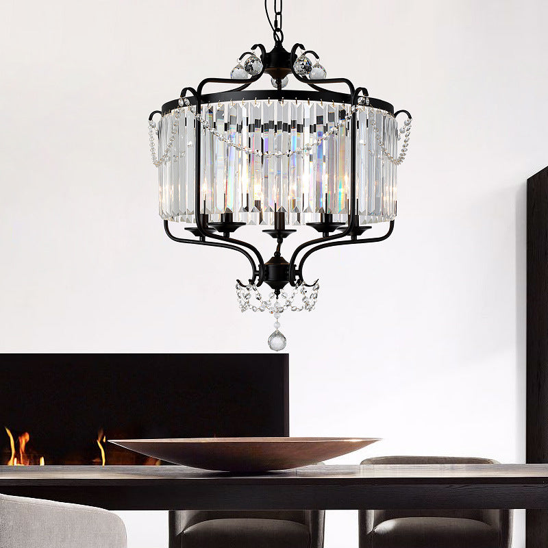 Faceted Crystal Chandelier Lamp Round Countryside Pendant Light Kit with Wire Cage for Living Room 5 Black Clearhalo 'Ceiling Lights' 'Chandeliers' Lighting' options 2018243_df44e205-e9e2-4e64-a5f5-33f6173c19bb