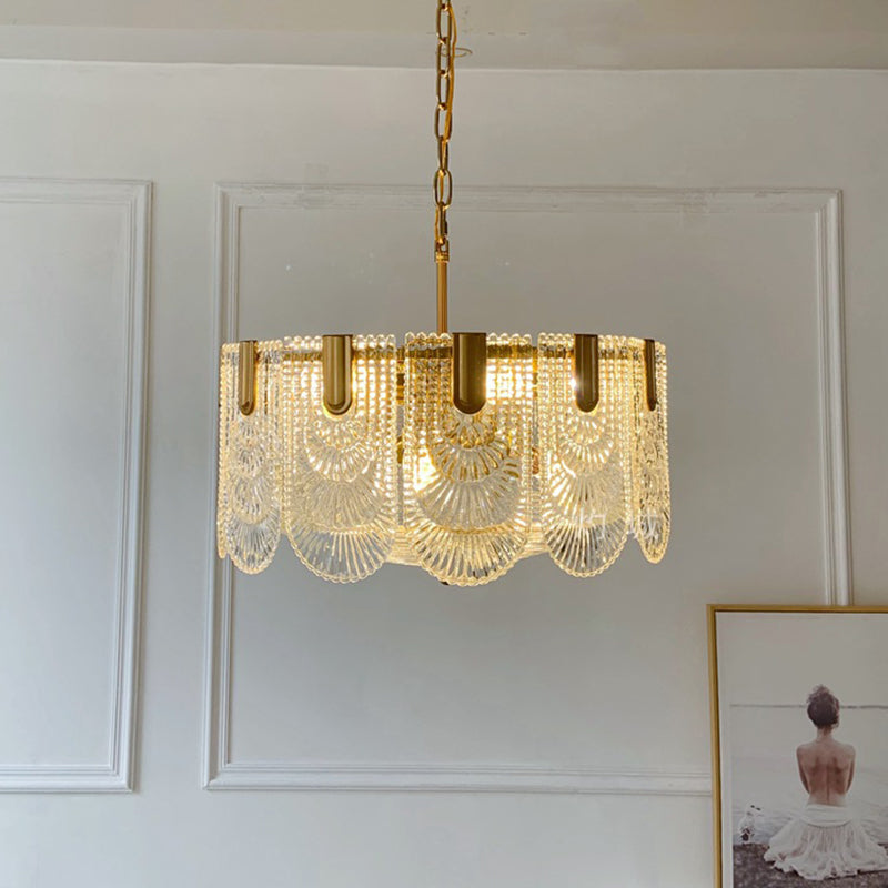 Scalloped Clear Textured Glass Drop Lamp Classic Dining Room Chandelier Light Fixture in Brass Brass 1 Tier Clearhalo 'Ceiling Lights' 'Chandeliers' Lighting' options 2018248_f6570c81-866d-404d-b29f-d637e6d1420c