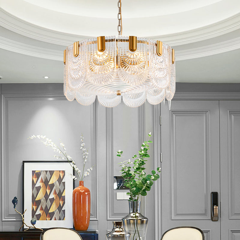 Scalloped Clear Textured Glass Drop Lamp Classic Dining Room Chandelier Light Fixture in Brass Clearhalo 'Ceiling Lights' 'Chandeliers' Lighting' options 2018249