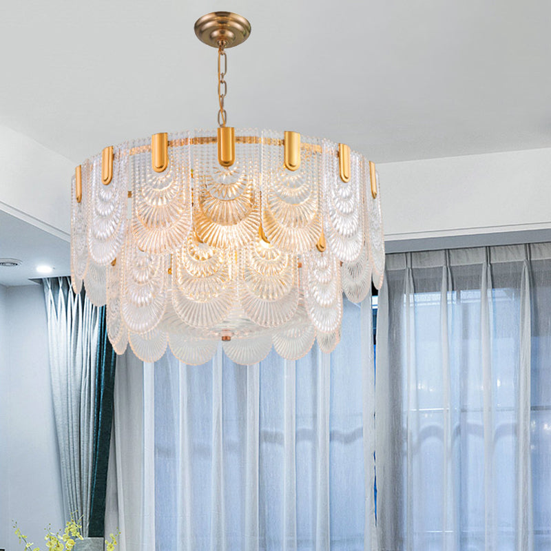 Scalloped Clear Textured Glass Drop Lamp Classic Dining Room Chandelier Light Fixture in Brass Clearhalo 'Ceiling Lights' 'Chandeliers' Lighting' options 2018253