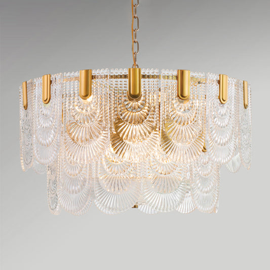 Scalloped Clear Textured Glass Drop Lamp Classic Dining Room Chandelier Light Fixture in Brass Brass 1 Tier