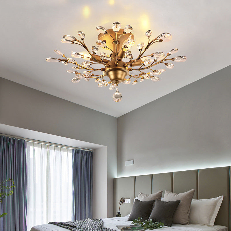Crystal Semi Flush Mount Light Entwining Branch Countryside Ceiling Mounted Lamp for Bedroom