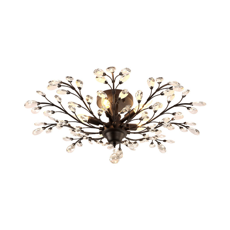 Crystal Semi Flush Mount Light Entwining Branch Countryside Ceiling Mounted Lamp for Bedroom
