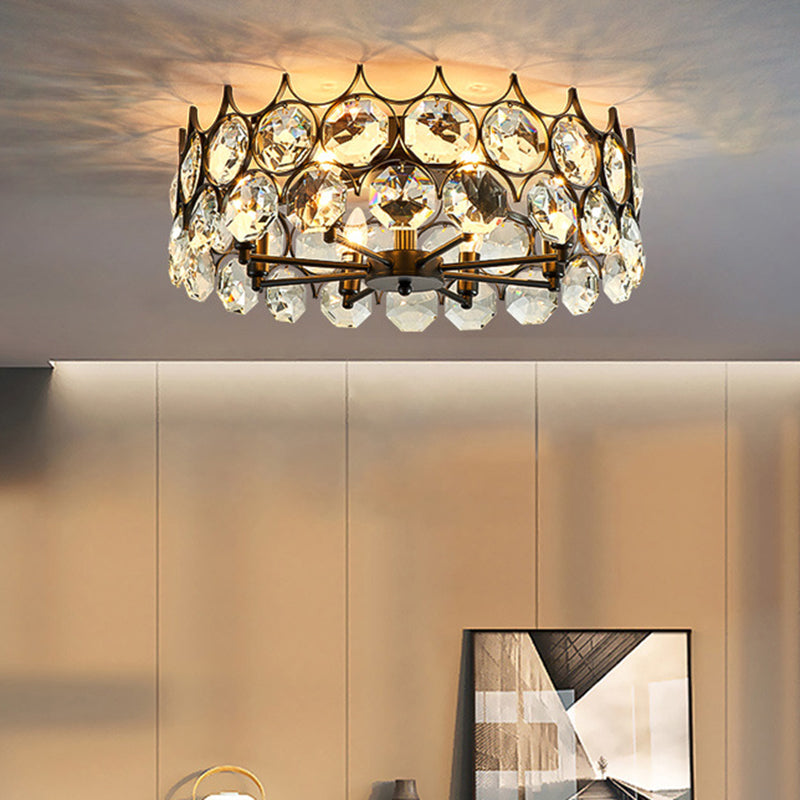 Round Dining Room Semi Flush Light Fixture Classic Crystal Embedded 8 Heads Black Ceiling Lamp Clearhalo 'Ceiling Lights' 'Close To Ceiling Lights' 'Close to ceiling' 'Semi-flushmount' Lighting' 2018282