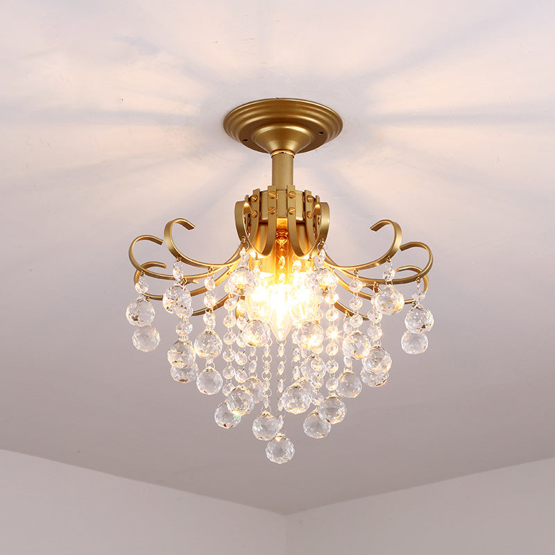 Farmhouse Bent Arm Frame Ceiling Light 3 Lights Metal Semi Flush Mount with Crystal Droplet Gold B Clearhalo 'Ceiling Lights' 'Close To Ceiling Lights' 'Close to ceiling' 'Semi-flushmount' Lighting' 2018293