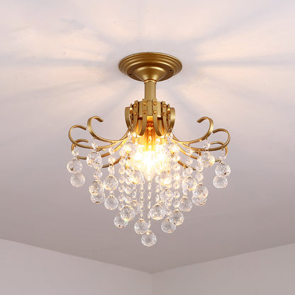 Farmhouse Bent Arm Frame Ceiling Light 3 Lights Metal Semi Flush Mount with Crystal Droplet Gold B Clearhalo 'Ceiling Lights' 'Close To Ceiling Lights' 'Close to ceiling' 'Semi-flushmount' Lighting' 2018293