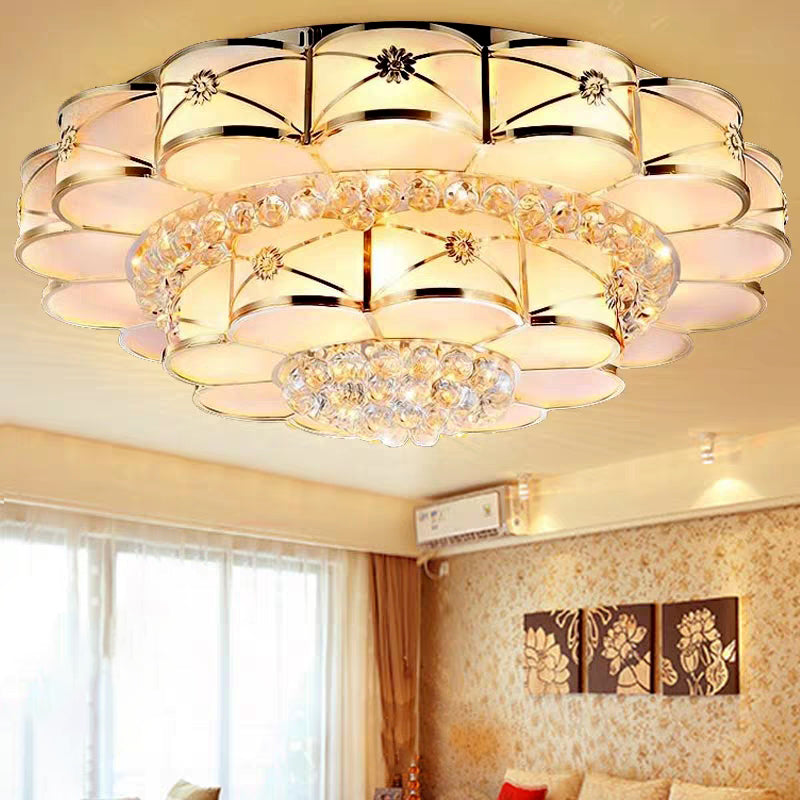 Blossom Frosted Glass Flush Light Fixture Traditional Bedroom Ceiling Lighting in Gold with Dangling Crystal Gold 2 Tiers Large Clearhalo 'Ceiling Lights' 'Close To Ceiling Lights' 'Close to ceiling' 'Flush mount' Lighting' 2018336