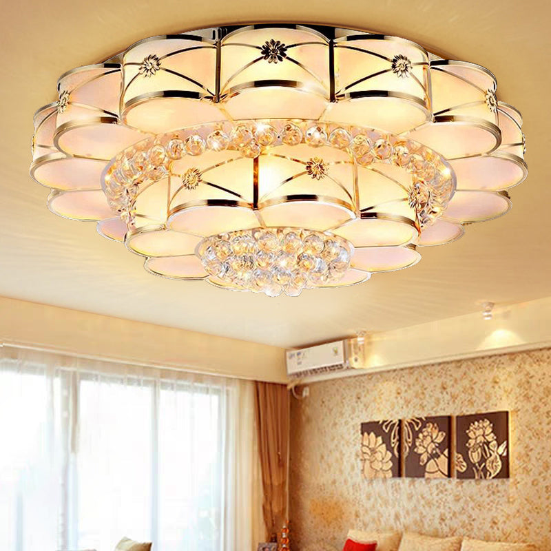 Blossom Frosted Glass Flush Light Fixture Traditional Bedroom Ceiling Lighting in Gold with Dangling Crystal Gold 2 Tiers Medium Clearhalo 'Ceiling Lights' 'Close To Ceiling Lights' 'Close to ceiling' 'Flush mount' Lighting' 2018338