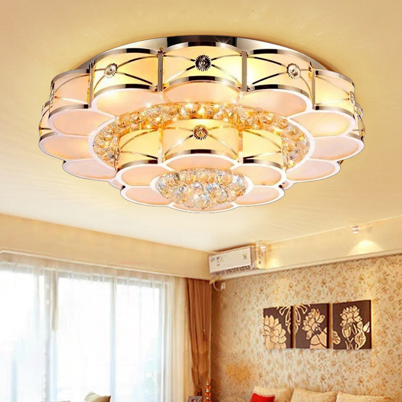 Blossom Frosted Glass Flush Light Fixture Traditional Bedroom Ceiling Lighting in Gold with Dangling Crystal Gold 2 Tiers Small Clearhalo 'Ceiling Lights' 'Close To Ceiling Lights' 'Close to ceiling' 'Flush mount' Lighting' 2018339