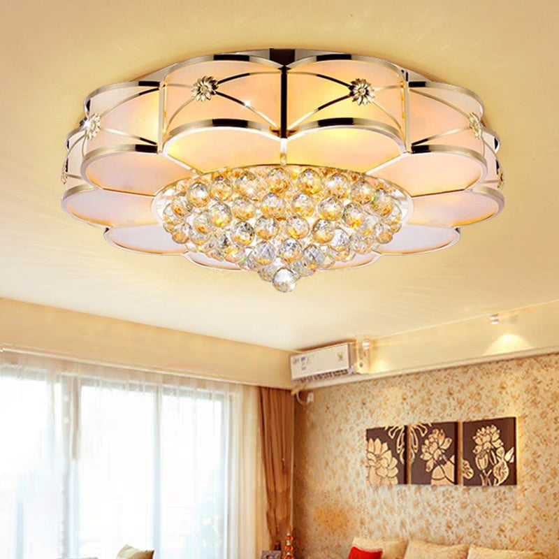 Blossom Frosted Glass Flush Light Fixture Traditional Bedroom Ceiling Lighting in Gold with Dangling Crystal Gold 1 Tier Large Clearhalo 'Ceiling Lights' 'Close To Ceiling Lights' 'Close to ceiling' 'Flush mount' Lighting' 2018340