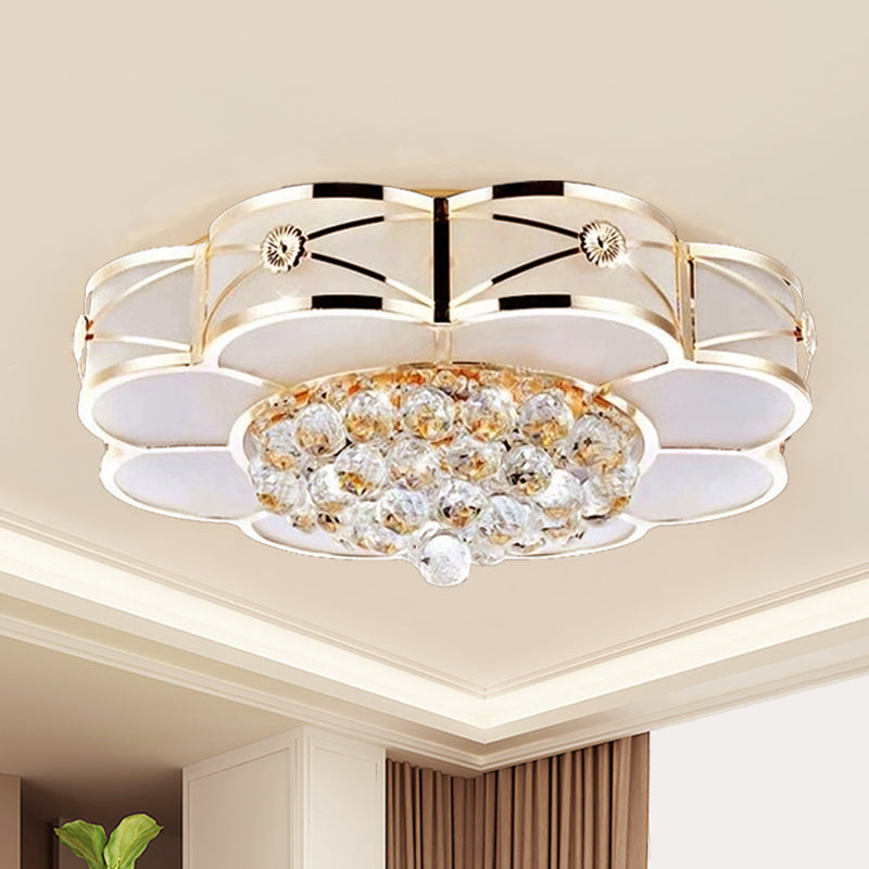 Blossom Frosted Glass Flush Light Fixture Traditional Bedroom Ceiling Lighting in Gold with Dangling Crystal Gold 1 Tier Medium Clearhalo 'Ceiling Lights' 'Close To Ceiling Lights' 'Close to ceiling' 'Flush mount' Lighting' 2018341