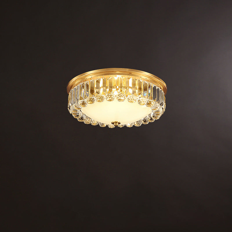 LED Flush Ceiling Light Country Bowl Frosted Glass Flush Mount Fixture in Brass with Round Crystal Edge Brass 14" Clearhalo 'Ceiling Lights' 'Close To Ceiling Lights' 'Close to ceiling' 'Flush mount' Lighting' 2018347