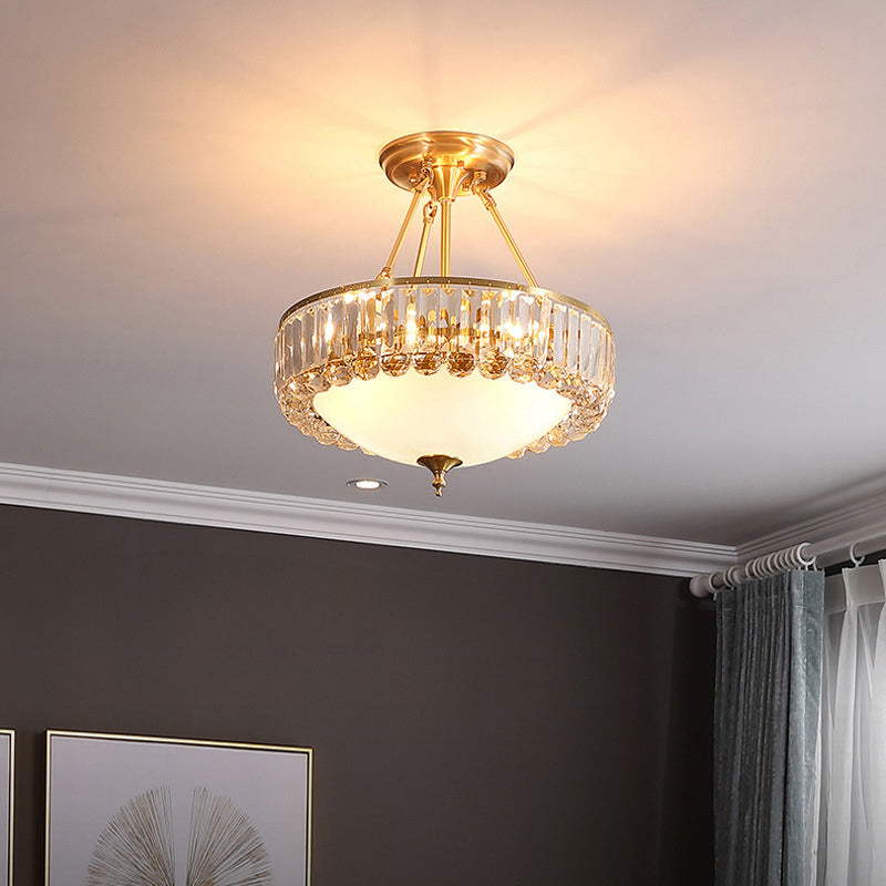 Brass Dome Semi Flush Mount Rustic Frosted Glass 4 Lights Dining Room Ceiling Light Fixture with Crystal Side Clearhalo 'Ceiling Lights' 'Close To Ceiling Lights' 'Close to ceiling' 'Semi-flushmount' Lighting' 2018348