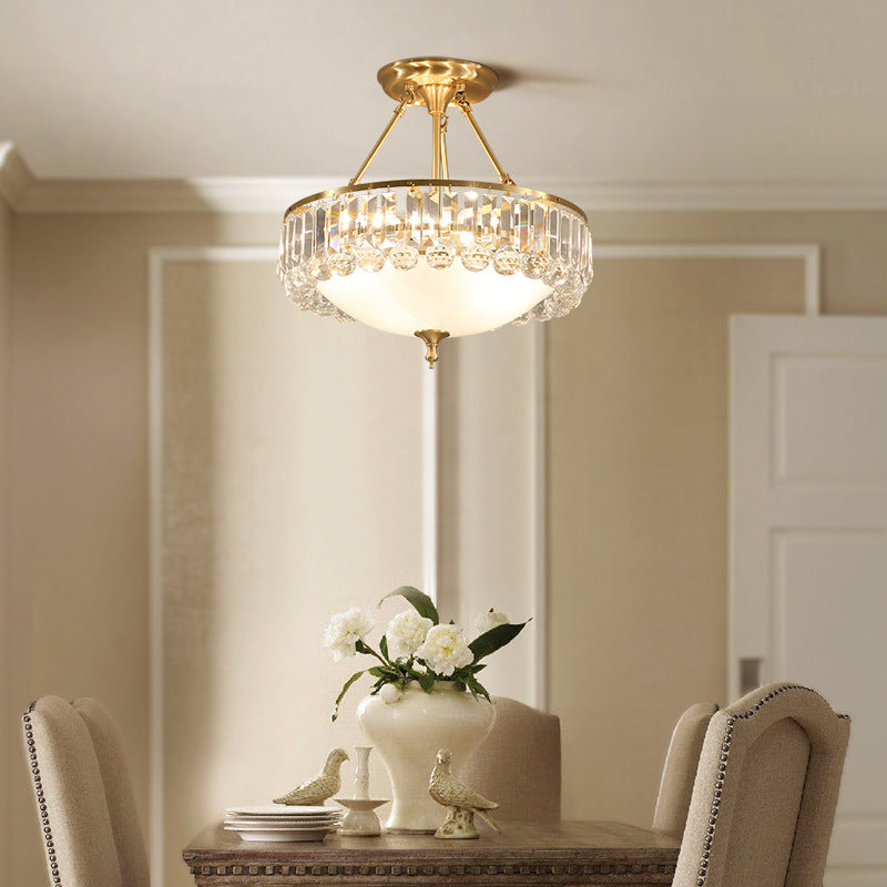 Brass Dome Semi Flush Mount Rustic Frosted Glass 4 Lights Dining Room Ceiling Light Fixture with Crystal Side Clearhalo 'Ceiling Lights' 'Close To Ceiling Lights' 'Close to ceiling' 'Semi-flushmount' Lighting' 2018350