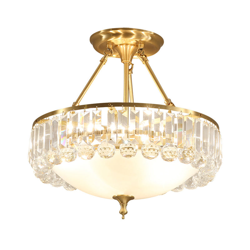 Brass Dome Semi Flush Mount Rustic Frosted Glass 4 Lights Dining Room Ceiling Light Fixture with Crystal Side Clearhalo 'Ceiling Lights' 'Close To Ceiling Lights' 'Close to ceiling' 'Semi-flushmount' Lighting' 2018351