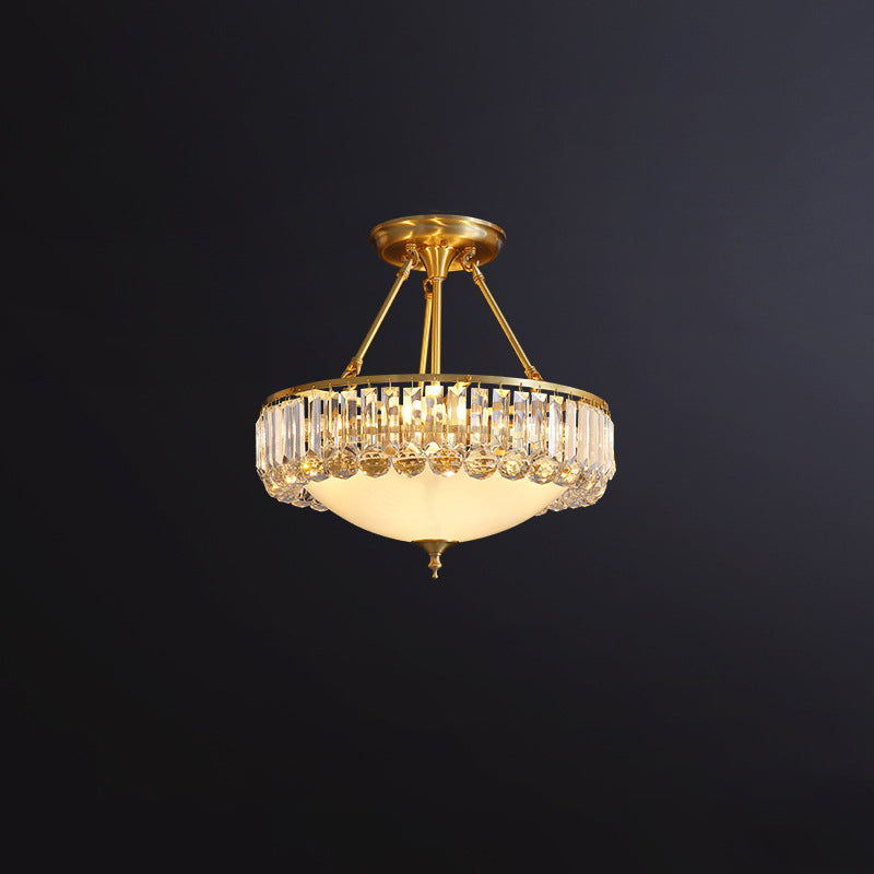 Brass Dome Semi Flush Mount Rustic Frosted Glass 4 Lights Dining Room Ceiling Light Fixture with Crystal Side Brass Clearhalo 'Ceiling Lights' 'Close To Ceiling Lights' 'Close to ceiling' 'Semi-flushmount' Lighting' 2018352