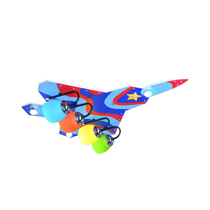 Boys Bedroom Attack Aircraft Ceiling Fixture Wood 4 Lights Kids Multi-Colored Flush Ceiling Light Clearhalo 'Ceiling Lights' 'Close To Ceiling Lights' 'Close to ceiling' 'Glass shade' 'Glass' Lighting' 201844
