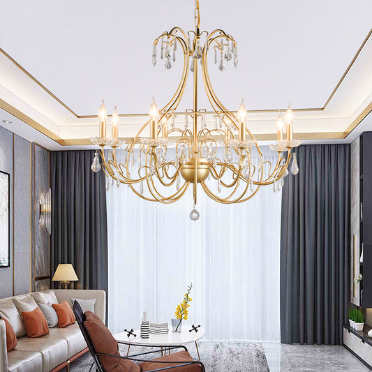 Brass Teardrop Chandelier Lamp Countryside Metal 8 Bulbs Living Room Pendant Light Kit with Dangling Crystal Clearhalo 'Ceiling Lights' 'Chandeliers' Lighting' options 2018443