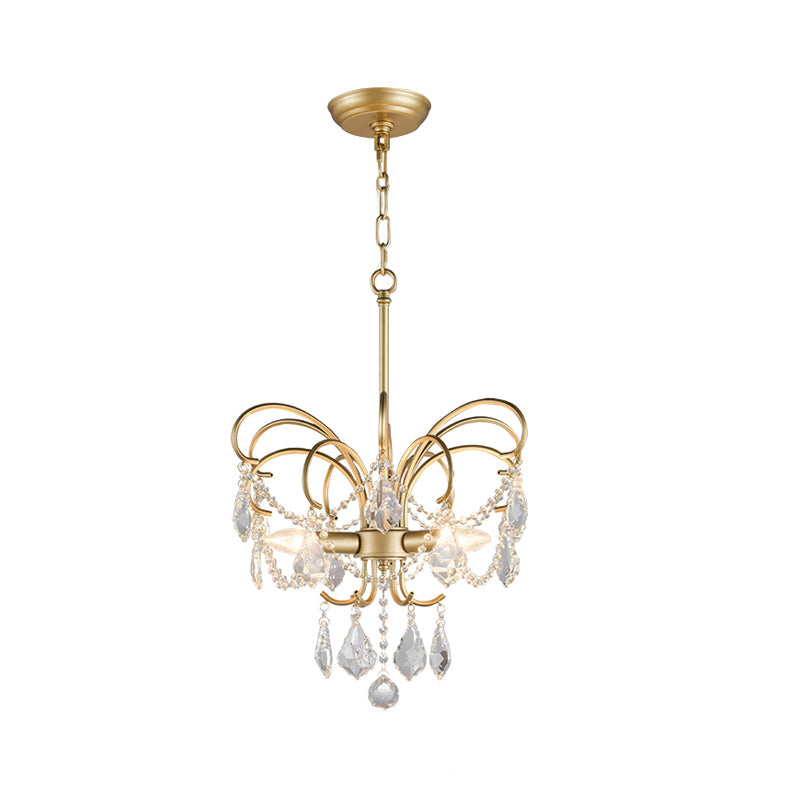 Butterfly-Shaped Living Room Chandelier Rural Metal 3-Light Brass Hanging Pendant Light with Crystal Accent Clearhalo 'Ceiling Lights' 'Chandeliers' Lighting' options 2018452