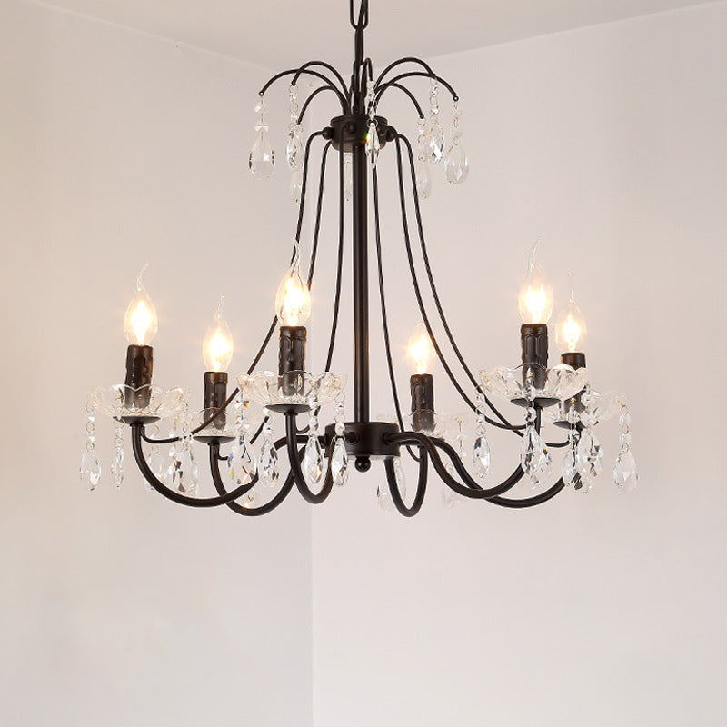 Black Chandelier Lighting Retro Metallic Swooping Arm Pendant Light Fixture with Dropping Crystal 6 Black Shadeless Clearhalo 'Ceiling Lights' 'Chandeliers' Lighting' options 2018463_49aab75d-999c-401b-9fae-cbbac3634fe2