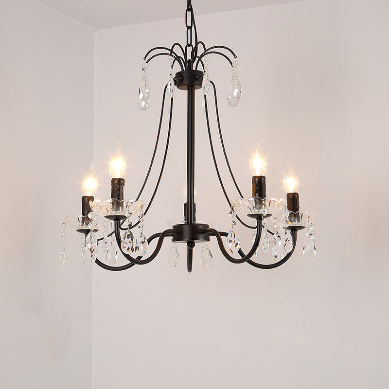 Black Chandelier Lighting Retro Metallic Swooping Arm Pendant Light Fixture with Dropping Crystal 5 Black Shadeless Clearhalo 'Ceiling Lights' 'Chandeliers' Lighting' options 2018464_57970a10-cf1b-471f-a242-9efb2765abd0