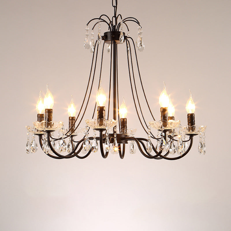 Black Chandelier Lighting Retro Metallic Swooping Arm Pendant Light Fixture with Dropping Crystal 8 Black Shadeless Clearhalo 'Ceiling Lights' 'Chandeliers' Lighting' options 2018468_a030709d-786d-4e52-b24b-eb38505b9f92