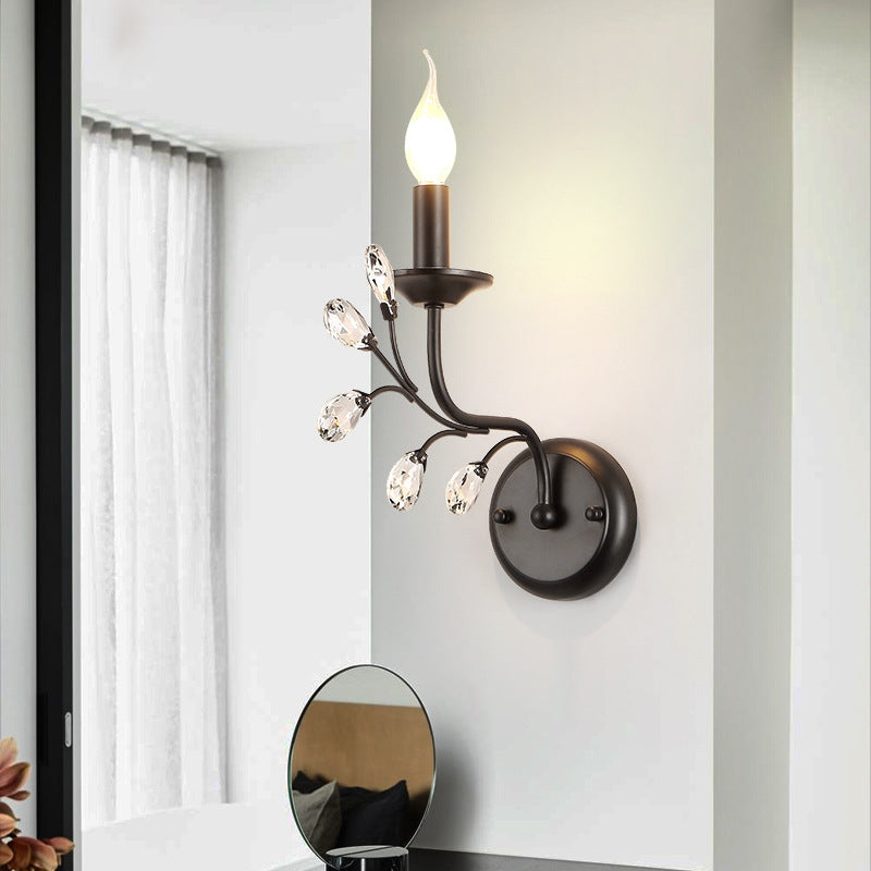 Metal Curved Arm Wall Hanging Light Rural 1 Head Living Room Wall Sconce Lighting with Candle and Crystal Draping Clearhalo 'Wall Lamps & Sconces' 'Wall Lights' Lighting' 2018526