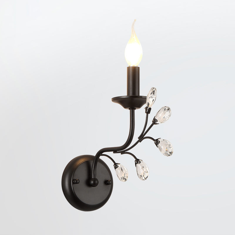 Metal Curved Arm Wall Hanging Light Rural 1 Head Living Room Wall Sconce Lighting with Candle and Crystal Draping Black D Clearhalo 'Wall Lamps & Sconces' 'Wall Lights' Lighting' 2018528