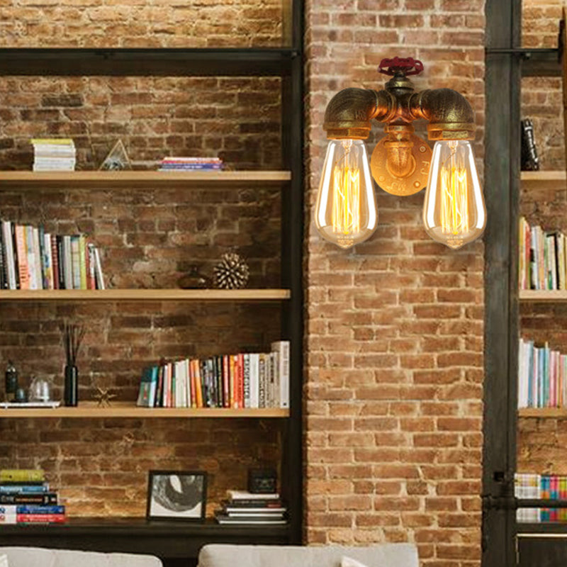 Curved Pipe Metal Wall Lighting Factory 2 Heads Dining Room Wall Light Sconce in Rust with Valve Decoration Rust Clearhalo 'Art deco wall lights' 'Cast Iron' 'Glass' 'Industrial wall lights' 'Industrial' 'Middle century wall lights' 'Modern' 'Rustic wall lights' 'Tiffany' 'Traditional wall lights' 'Wall Lamps & Sconces' 'Wall Lights' Lighting' 2018543