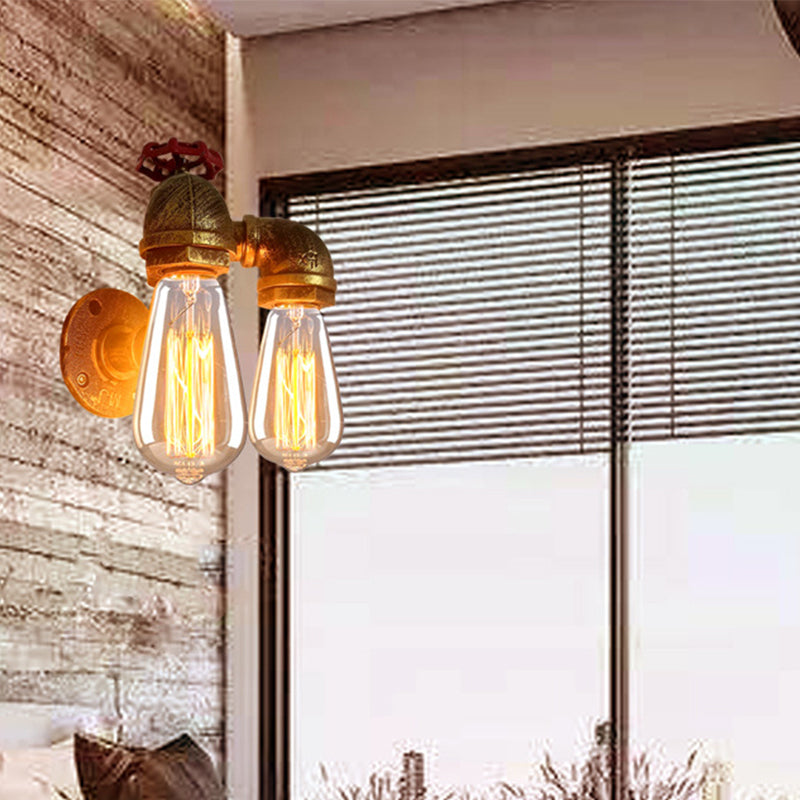 Curved Pipe Metal Wall Lighting Factory 2 Heads Dining Room Wall Light Sconce in Rust with Valve Decoration Clearhalo 'Art deco wall lights' 'Cast Iron' 'Glass' 'Industrial wall lights' 'Industrial' 'Middle century wall lights' 'Modern' 'Rustic wall lights' 'Tiffany' 'Traditional wall lights' 'Wall Lamps & Sconces' 'Wall Lights' Lighting' 2018544