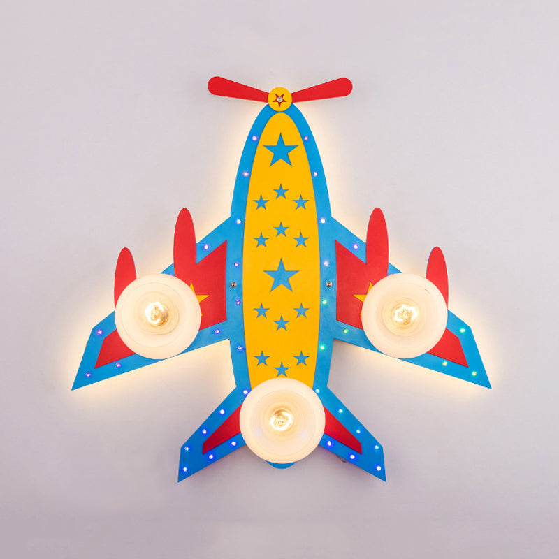 Kids Propeller Plane Flush Ceiling Light Wood Blue Ceiling Lamp for Living Room Baby Bedroom 3 Blue Clearhalo 'Ceiling Lights' 'Close To Ceiling Lights' 'Close to ceiling' 'Glass shade' 'Glass' Lighting' 201857