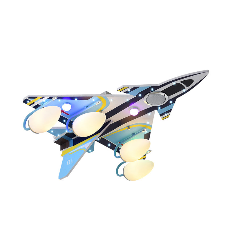 Amusement Park Attack Aircraft Ceiling Mount Light Wood 4 Heads Kids Blue Ceiling Lamp Clearhalo 'Ceiling Lights' 'Close To Ceiling Lights' 'Close to ceiling' 'Glass shade' 'Glass' 'Pendant Lights' Lighting' 201897