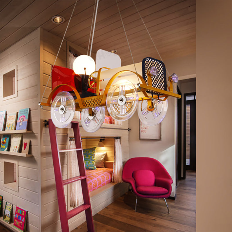 Metal Car Shaped Pendant Light with Driver Cartoon Chandelier in Yellow for Baby Room Clearhalo 'Ceiling Lights' 'Chandeliers' Lighting' options 201962