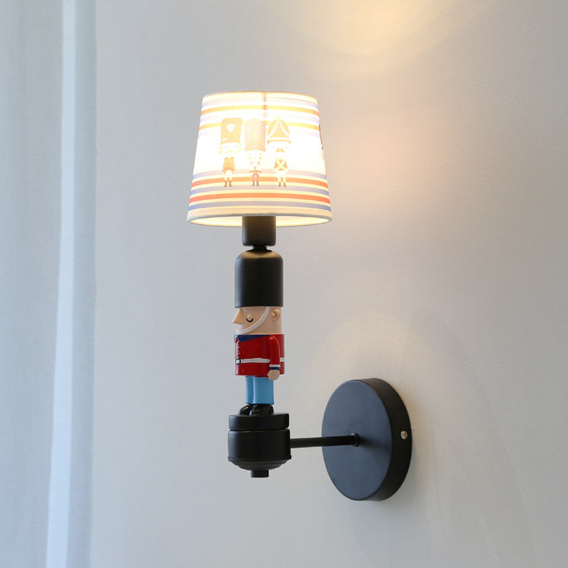 Soldier Bedroom Sconce Light with Tapered Shade Fabric 1 Head American Style Wall Lamp Black Clearhalo 'Wall Lamps & Sconces' 'Wall Lights' Lighting' 202114